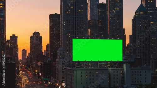 Urban Cityscape with Green screen chrome key  Billboard | Sunset Skyline & City Lights 
