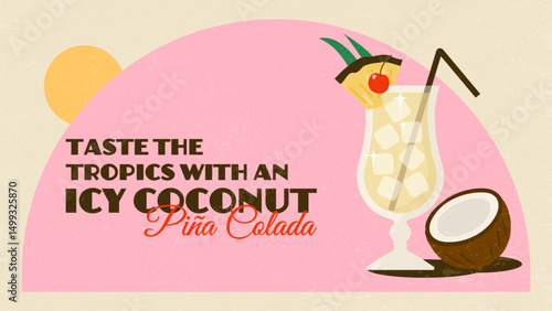 Summer Web large banner with retro coconut piña colada cocktail illustration
