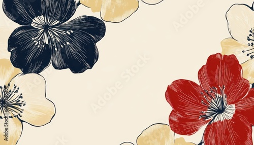 Obraz na płótnie Wektorowe kwiaty w kolorach czerwonym, granatowym i żółtym na jasnym tle, stylizowane na akwarelę.