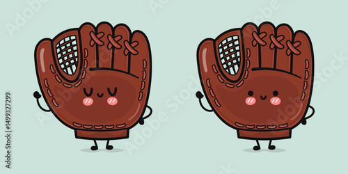 Cartoon baseball gloves wearing expressive faces, waving playful hands, displaying kawaii charm on soft blue backdrop, bringing sports equipment to life