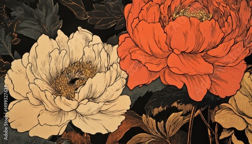 Wektorowy wzór z dwoma dużymi, stylizowanymi kwiatami piwonii w kolorach białym i pomarańczowym na ciemnym tle.