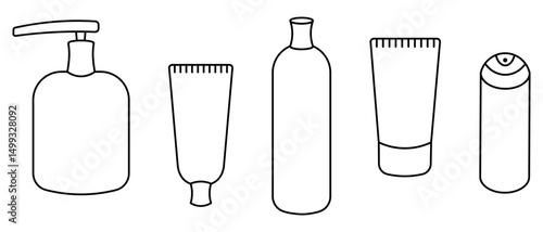 Set of five bottles with cosmetics. Sketch. Vector illustration. Outline on isolated white background. Liquid soap, hand cream in a tube, shampoo in a tube, shaving foam in a spray can. Coloring book 