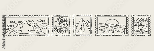 Stamp travel mountain post badge doodle. Collection postcard summer mail. Vector illustration