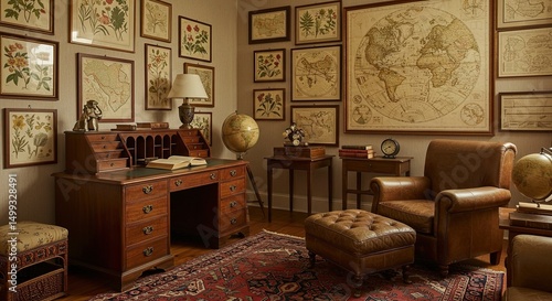 Warm traditional study room decorated with antique botanical prints and maps