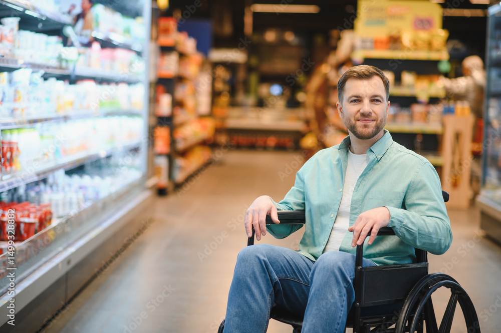 Obraz premium Smiling customer using wheelchair buying groceries in supermarket