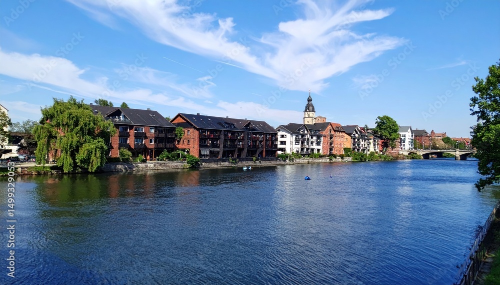 Fototapeta premium Picturesque European Riverside Townscape Under a Clear Blue Sky Reflecting in River