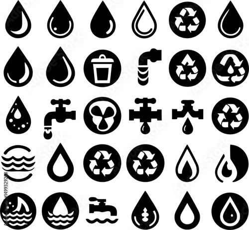 Water and Recycling Icon Set – Black Glyph Style