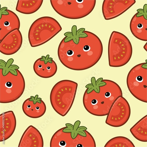 cute tomato and tomato slice seamless pattern on yellow background .