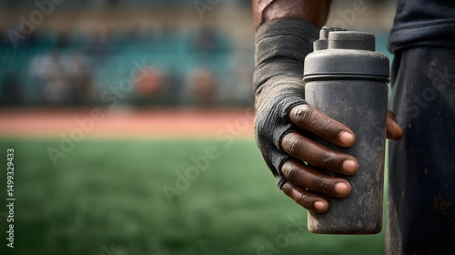 Athlete holding a shaker bottle on a sports field.