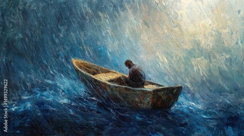 Man in a small boat during a storm