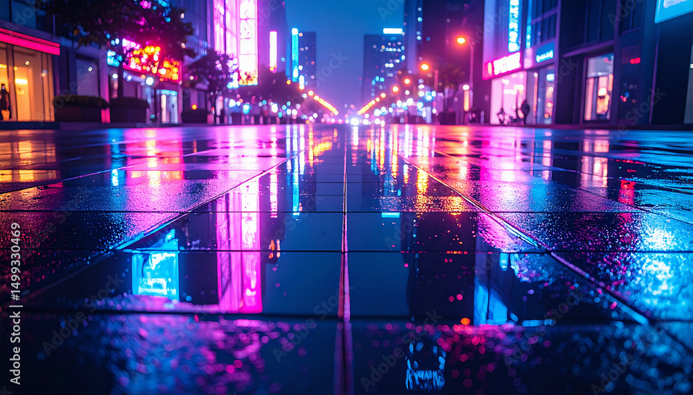 Fototapeta premium Neon Reflections on Wet City Street at Night