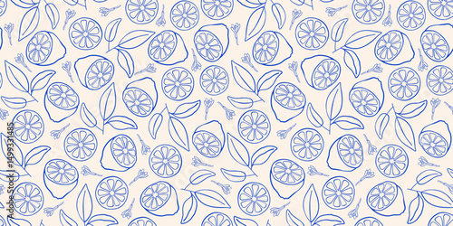 Pattern with lemons and leaves. Trendy hand drawn graphic. Background of mediterranean eat. Vector illustration.