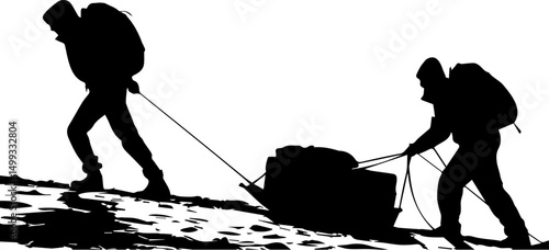 Mountain Trekkers Pulling Sled Silhouette - Extreme Expedition Adventure