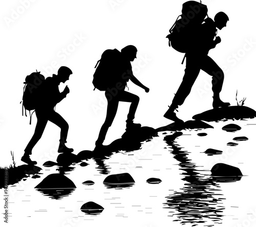 Hiking Group Silhouette on Rocky Path - Outdoor Adventure Journey