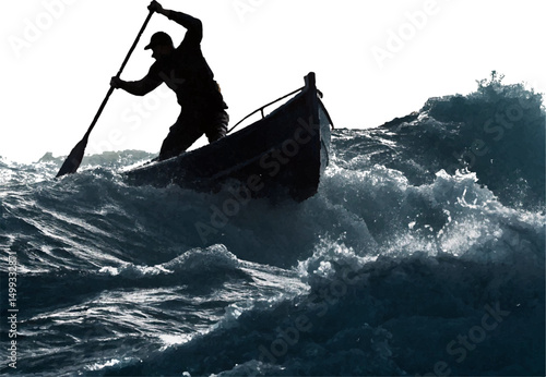 Man Rowing Boat in Stormy Sea - Silhouette of Determination