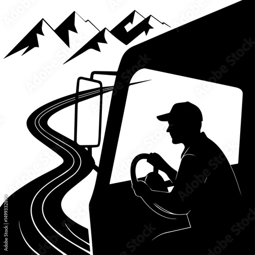  Truck Driver on Mountain Road Silhouette