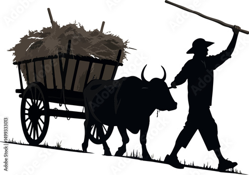 Farmer with Ox and Cart of Hay - Traditional Agriculture and Farm Life Silhouette