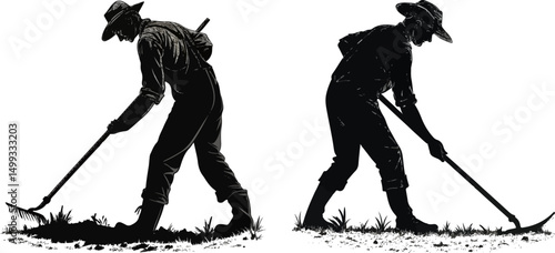 Farmers Hoeing and Cultivating Land Silhouette