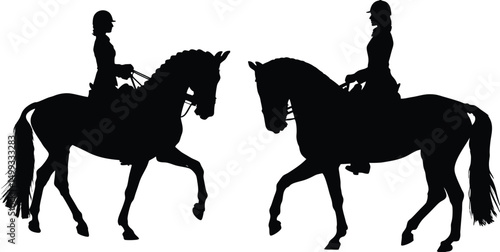 Two Silhouettes of Women Riding Horses in Dressage