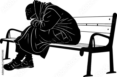 Homeless Man Sitting on Bench - Poverty and Loneliness Illustration