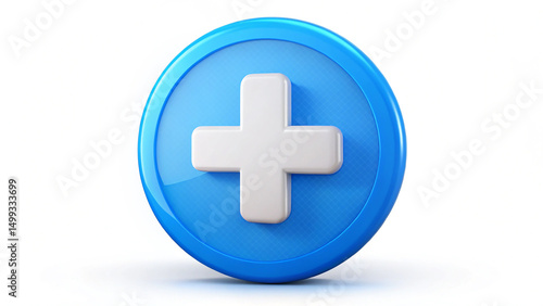 White Plus Icon on Blue Circle 3D Illustration for Medical or Add Function