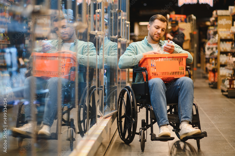 Obraz premium Customer with disability choosing products in supermarket using wheelchair