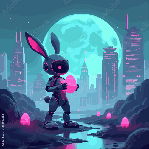 Futuristic Easter: Robot Bunny Delivers Neon Eggs in a Tech Cityscape. A sleek vector illustration of Easter meets technology. Featuring robots, neon, futuristic landscape in blues and purples.