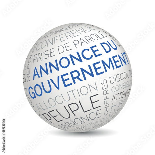 French government announcement concept sphere with public speech and political keywords