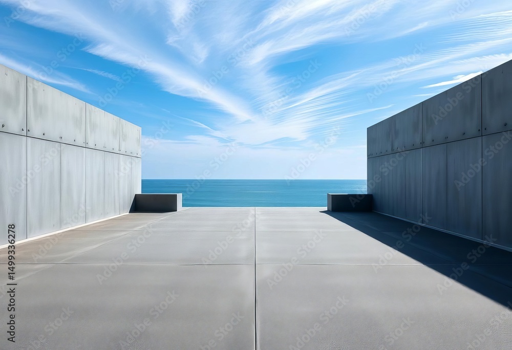 Empty plaza with asphalt floor, gray walls, and stunning clear sky above a tranquil sea, building, blue sky Empty plaza with asphalt floor, gray walls, and stunning clear sky above a tranquil sea, building, blue sky