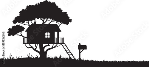 Silhouette of Tree House with Ladder and Mailbox