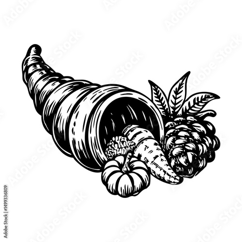 A vintage illustration depicting cornucopia with harvest goods