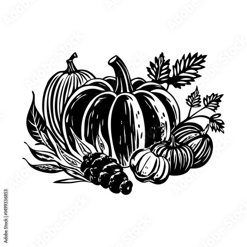 A vintage style illustration of fall harvest scene