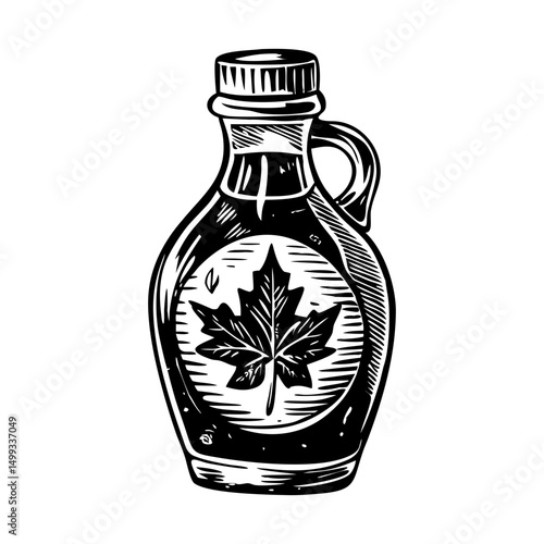 A vintage illustration showing maple syrup bottle
