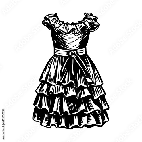 A vintage illustration showing a ruffle dress 