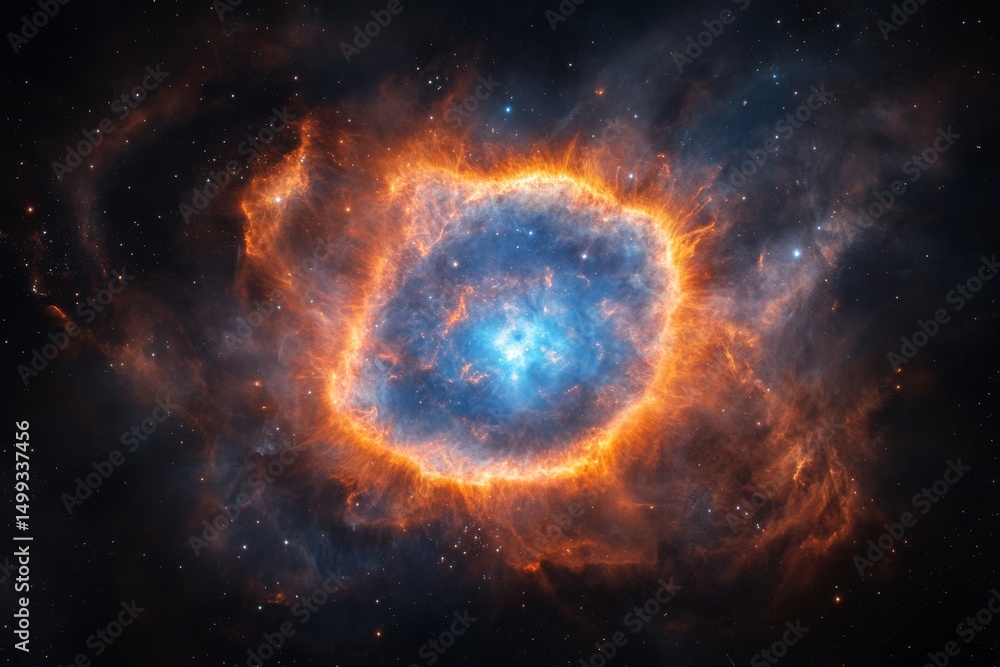Obraz premium Vibrant celestial nebula with fiery orange and blue gas clouds in space exploration