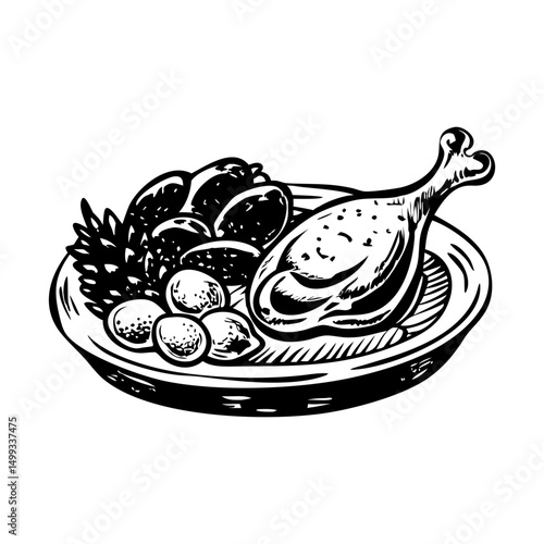 A vintage illustration showing turkey drumstick 