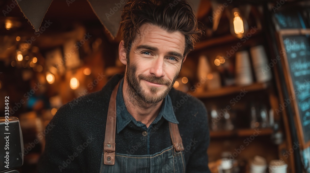 Handsome barista serving at a mobile coffee cart with shallow depth of field, great for coffee shop marketing or barista training materials Handsome barista serving at a mobile coffee cart with shallow depth of field, great for coffee shop marketing or barista training materials
