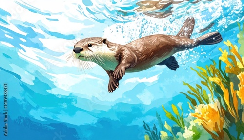 Playful otter swimming in crystal-clear waters, animated illustration style