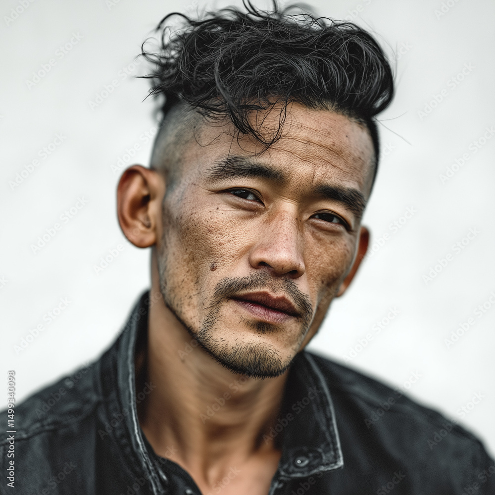 Fototapeta premium asiat, asiatisch, japaner, china, philipine, gesicht, guy, fotogen, person, auge, ausdruck, lächeln, lächelnd, black, haar, ernst, close up, leitbild, anschauen, kopf, leute, leger, 1, atelier, bart, 