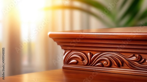 Close-up of intricately carved wooden furniture highlighting craftsmanship in a sunlit room