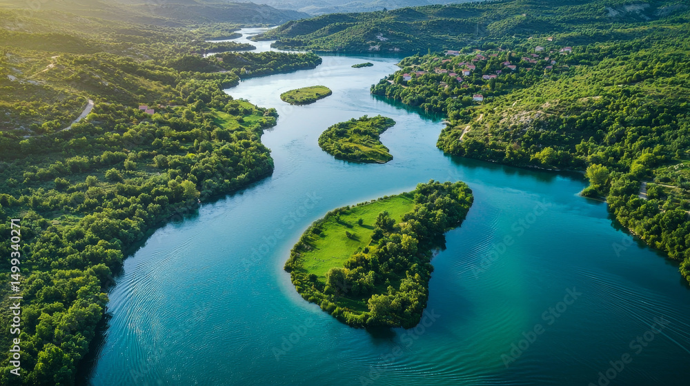Beautiful aerial view of a river with multiple paths and meanders surrounded by green trees and vegetation Beautiful aerial view of a river with multiple paths and meanders surrounded by green trees and vegetation
