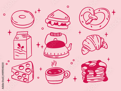 Coquette hand drawn breakfast elements including croissant, sandwich, coffee, and pancake on pink background.