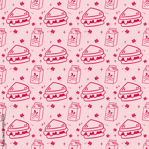 Seamless pattern of milk and sandwich with cute line art on pink background, perfect for food packaging, fabric, paper wrapping.