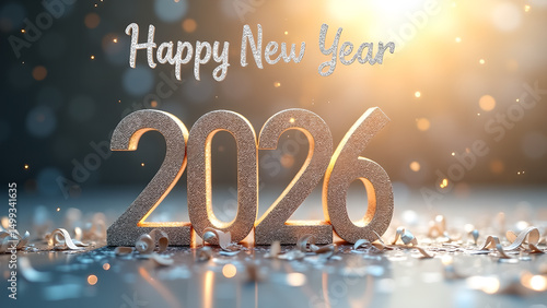 Shimmering gold 2026 new year celebration with light effects and confetti