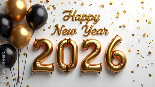Festive Celebration of 2026 New Year with Golden Balloons and Confetti Design
