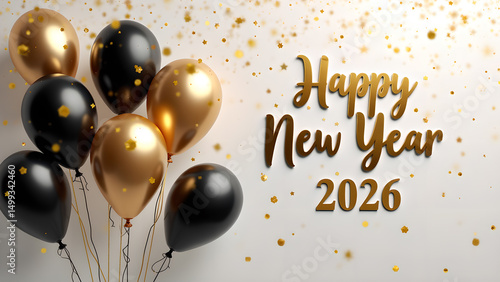 Golden and Black Balloons with Confetti Displaying Happy New Year 2026