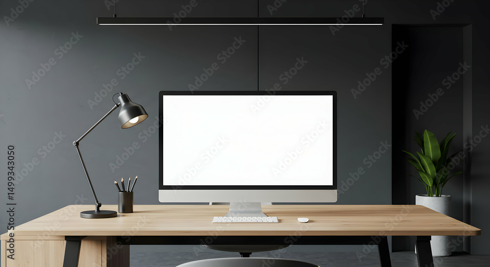 Modern Desk Mockup: Blank Computer Screen on Light Wood Desk with Minimalist Decor in Dark Room Modern Desk Mockup: Blank Computer Screen on Light Wood Desk with Minimalist Decor in Dark Room
