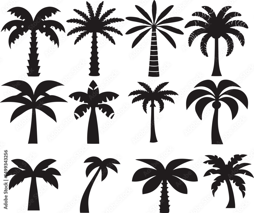 Fototapeta premium Twelve Black Silhouette Palm Tree Icons Set