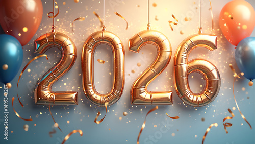 Luminous 2026 New Year Celebration with Golden Balloons and Confetti