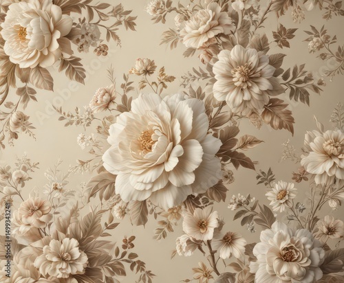 Ecru floral wallpaper, intricate vintage blooms,  textile, vintage wallpaper
